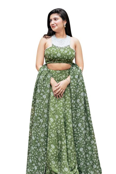 Shop Essay By Sumedha Agrawal Green Organza, Satin Mirrors, Pearls, Beads, Floral Print Lehenga Blouse Set Online at Aza Fashions Shop_Essay By Sumedha Agrawal_Green Organza, Satin Mirrors, Pearls, Beads, Floral Print Lehenga Blouse Set _Online_at_Aza_Fashions