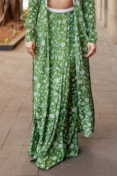 Essay By Sumedha Agrawal_Green Crepe, Cotton Embroidery, Beads V-neck, Floral Print Skirt Set With Jacket _Online_at_Aza_Fashions
