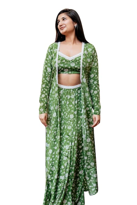 Buy_Essay By Sumedha Agrawal_Green Crepe, Cotton Embroidery, Beads V-neck, Floral Print Skirt Set With Jacket _Online_at_Aza_Fashions