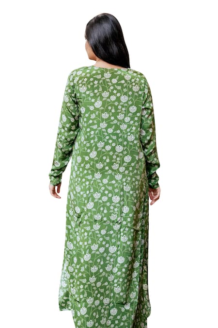 Essay By Sumedha Agrawal_Green Crepe, Cotton Embroidery, Beads V-neck, Floral Print Skirt Set With Jacket _at_Aza_Fashions