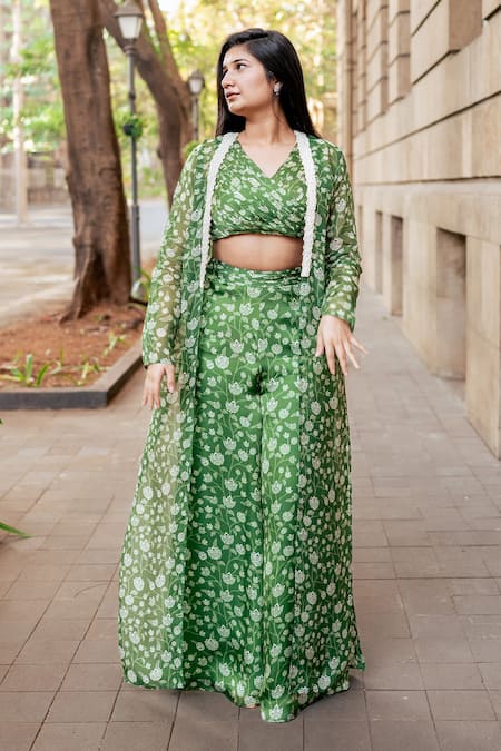 Essay by Sumedha Agrawal Green Organza Satin Hand Embroidered Pearls Floral Print Pant Set With Jacket 