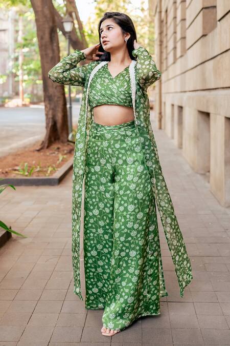 Buy_Essay By Sumedha Agrawal_Green Organza, Chiffon Embroidery, Mirrors, Floral Print Pant Set With Jacket _Online_at_Aza_Fashions