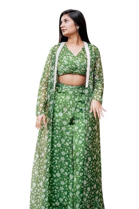 Essay By Sumedha Agrawal_Green Organza, Chiffon Embroidery, Mirrors, Floral Print Pant Set With Jacket _at_Aza_Fashions