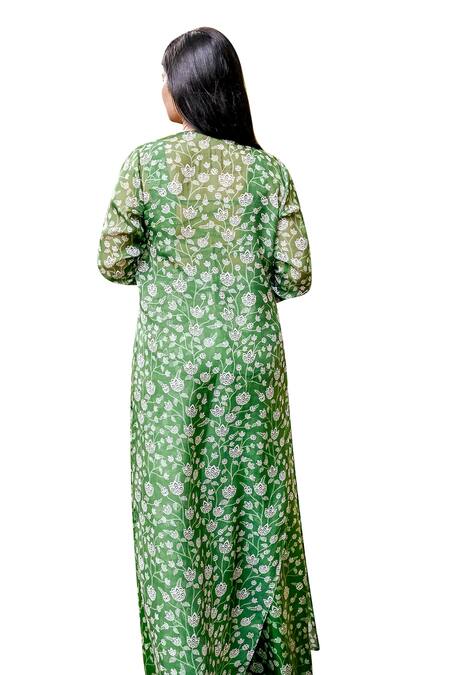 Buy_Essay By Sumedha Agrawal_Green Organza, Chiffon Embroidery, Mirrors, Floral Print Pant Set With Jacket 