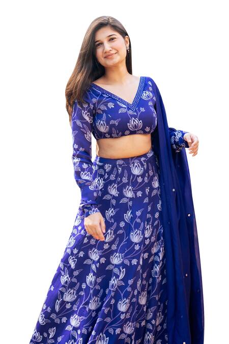 Essay By Sumedha Agrawal_Blue Organza, Satin Mirrors, Beads V-neck Lehenga Hand Embroidered Blouse Set _Online_at_Aza_Fashions