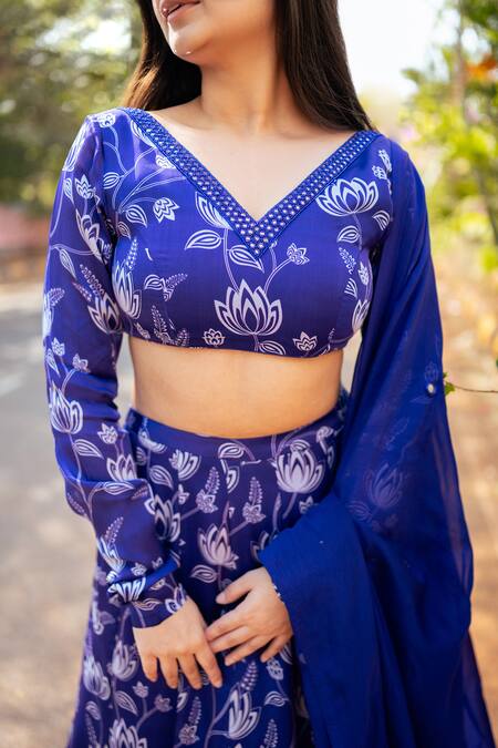 Buy_Essay By Sumedha Agrawal_Blue Organza, Satin Mirrors, Beads V-neck Lehenga Hand Embroidered Blouse Set _Online_at_Aza_Fashions