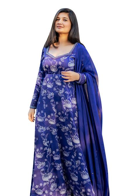 Essay By Sumedha Agrawal_Blue Organza, Satin Embroidery, Mirrors, Stones Hand Anarkali With Dupatta _Online_at_Aza_Fashions