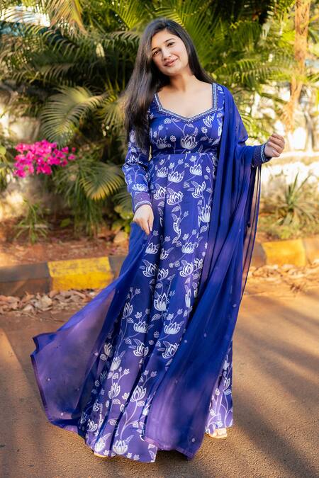 Shop_Essay By Sumedha Agrawal_Blue Organza, Satin Embroidery, Mirrors, Stones Hand Anarkali With Dupatta _Online_at_Aza_Fashions