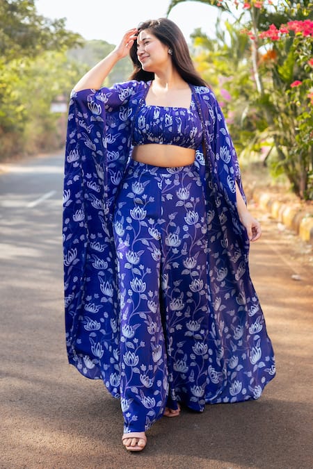 Essay by Sumedha Agrawal Blue Shantoon Hand Embroidered Mirror Work Floral Print Pant Set With Cape 