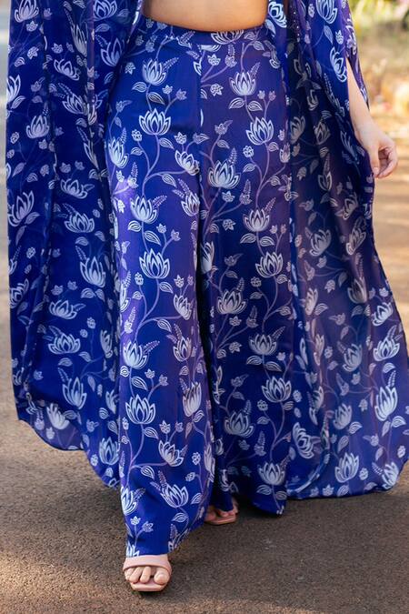 Essay By Sumedha Agrawal_Blue Satin, Crepe Beads, Embroidery Square Neck Floral Print Pant Set With Cape _Online_at_Aza_Fashions