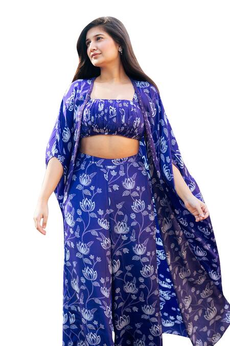 Buy_Essay By Sumedha Agrawal_Blue Satin, Crepe Beads, Embroidery Square Neck Floral Print Pant Set With Cape _Online_at_Aza_Fashions