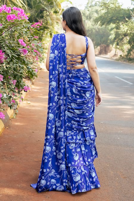 Essay By Sumedha Agrawal Floral Print Pre-Draped Ruffle Saree Set 