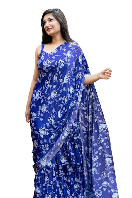 Essay By Sumedha Agrawal_Blue Crepe, Satin Square Neck Floral Print Pre-draped Ruffle Saree Set _Online_at_Aza_Fashions