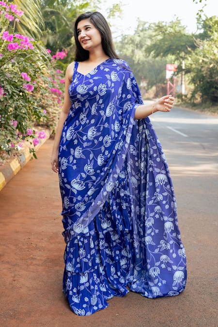 Buy_Essay By Sumedha Agrawal_Blue Crepe, Satin Square Neck Floral Print Pre-draped Ruffle Saree Set _Online_at_Aza_Fashions