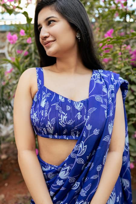 Shop_Essay By Sumedha Agrawal_Blue Crepe, Satin Square Neck Floral Print Pre-draped Ruffle Saree Set _Online_at_Aza_Fashions
