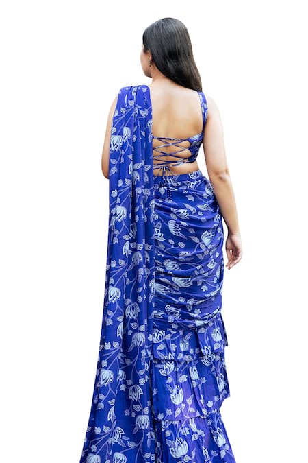 Essay By Sumedha Agrawal_Blue Crepe, Satin Square Neck Floral Print Pre-draped Ruffle Saree Set _at_Aza_Fashions