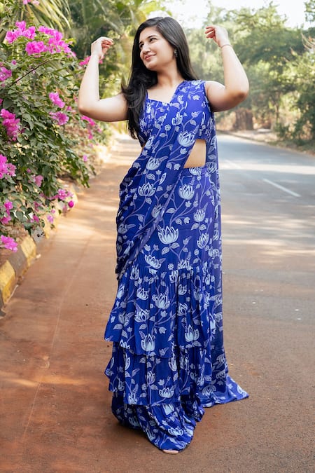 Buy_Essay By Sumedha Agrawal_Blue Crepe, Satin Square Neck Floral Print Pre-draped Ruffle Saree Set 