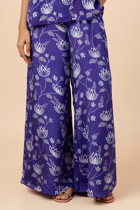 Essay By Sumedha Agrawal_Blue Cotton Collared Floral Print Shirt With Pant _Online_at_Aza_Fashions