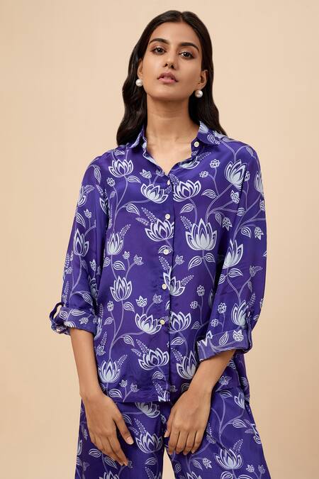Buy_Essay By Sumedha Agrawal_Blue Cotton Collared Floral Print Shirt With Pant _Online_at_Aza_Fashions