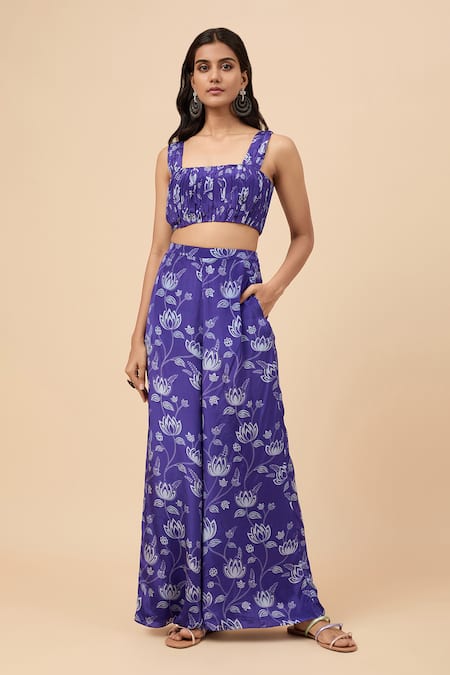 Essay by Sumedha Agrawal Blue Shantoon Printed Floral Square Crop Top With Pant 