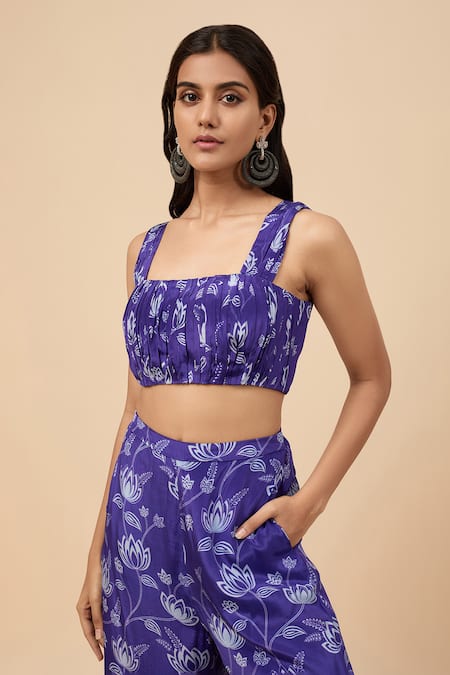 Buy_Essay By Sumedha Agrawal_Blue Cotton, Crepe Square Neck Floral Print Crop Top With Pant _Online_at_Aza_Fashions