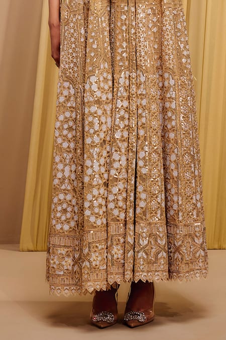 Tarun Tahiliani_Gold Tulle Hand Embroidery Sequin Stand Collar Architecture Motif Cape _Online_at_Aza_Fashions