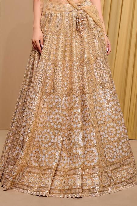Tarun Tahiliani_Gold Silk Satin, Tulle Sequins, Embroidery Architecture Lehenga With Bralette _Online_at_Aza_Fashions
