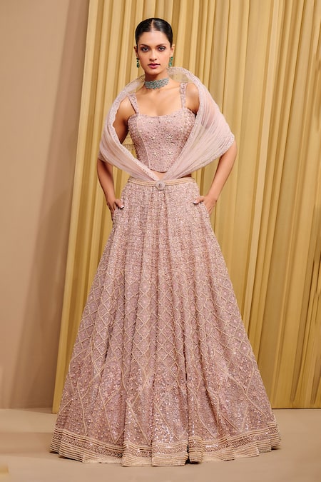 Tarun Tahiliani Rose Gold Tulle Hand Embroidery Floral Sequin Structured Lehenga And Corset Set 