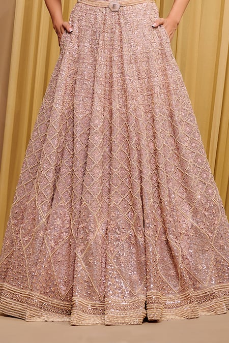 Tarun Tahiliani_Rose Gold Tulle Hand Embroidery Floral Sequin Structured Lehenga And Corset Set _Online_at_Aza_Fashions