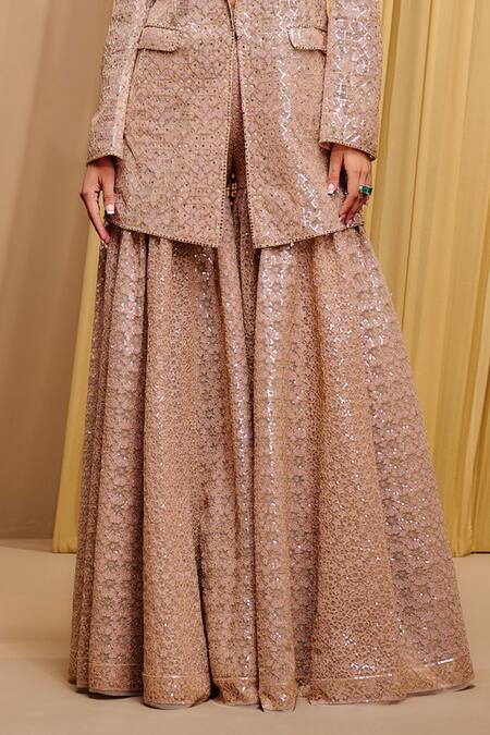 Tarun Tahiliani_Pink Tulle, Silk Satin Architectural Jaal Embroidered Jacket And Sharara Set _Online_at_Aza_Fashions