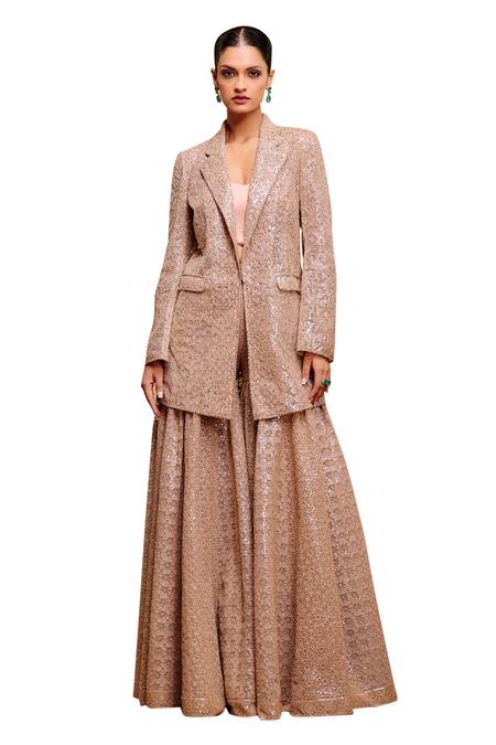 Buy_Tarun Tahiliani_Pink Tulle, Silk Satin Architectural Jaal Embroidered Jacket And Sharara Set _Online_at_Aza_Fashions