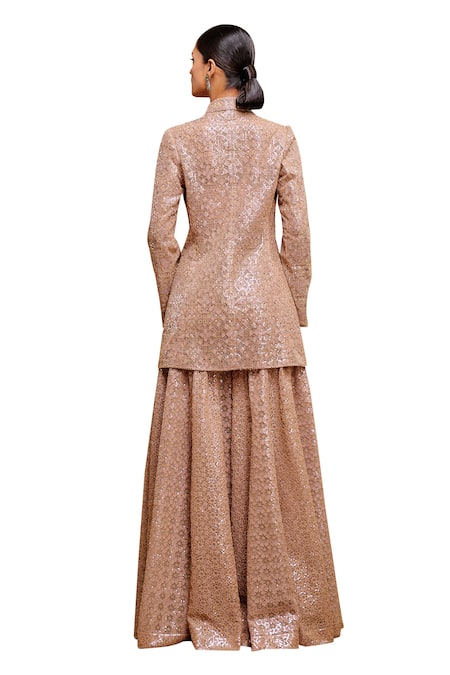 Tarun Tahiliani_Pink Tulle, Silk Satin Architectural Jaal Embroidered Jacket And Sharara Set _at_Aza_Fashions