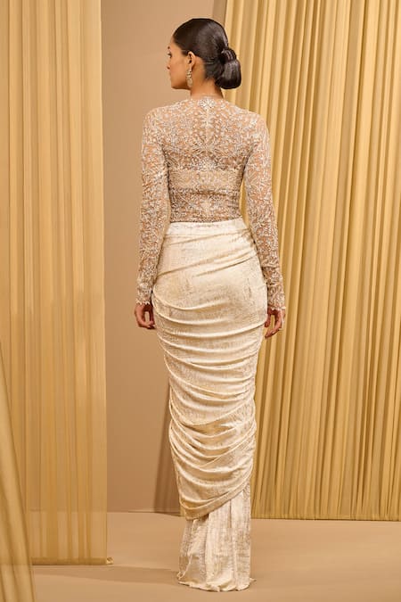 Tarun Tahiliani Hand Embroidered Sheer Bodysuit 