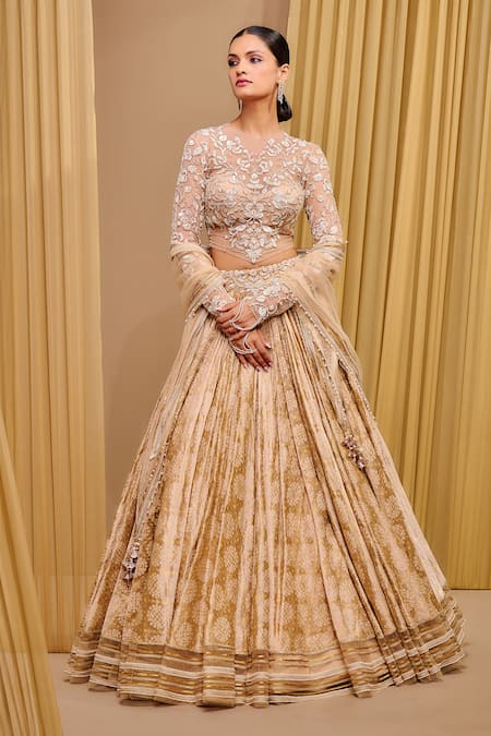 Tarun Tahiliani Gold Blouse Tulle Hand Embroidery Floral Signature Textile Lehenga And Set 