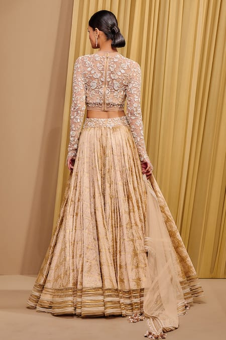 Shop_Tarun Tahiliani_Gold Tulle, Satin Sequins, Pearls, Signature Textile Lehenga And Blouse Set _at_Aza_Fashions
