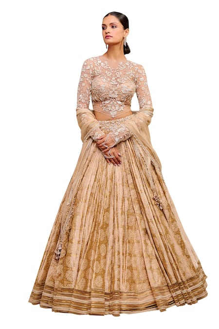 Buy_Tarun Tahiliani_Gold Tulle, Satin Sequins, Pearls, Signature Textile Lehenga And Blouse Set _Online_at_Aza_Fashions
