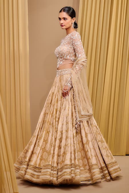 Shop_Tarun Tahiliani_Gold Tulle, Satin Sequins, Pearls, Signature Textile Lehenga And Blouse Set _Online_at_Aza_Fashions