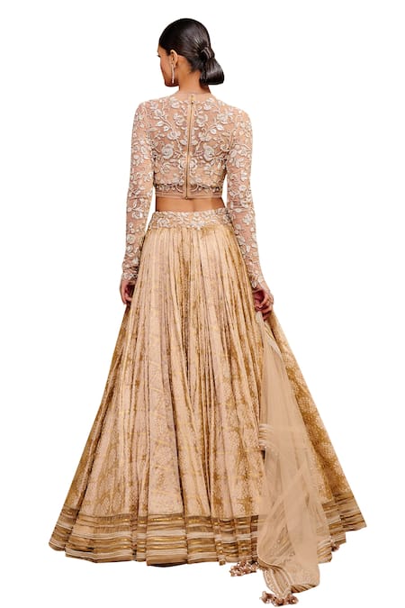 Buy_Tarun Tahiliani_Gold Tulle, Satin Sequins, Pearls, Signature Textile Lehenga And Blouse Set 