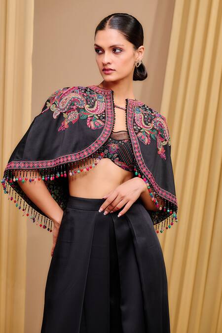 Buy_Tarun Tahiliani_Black Satin Embroidery Beads Open Neck Paisley Cape _Online_at_Aza_Fashions