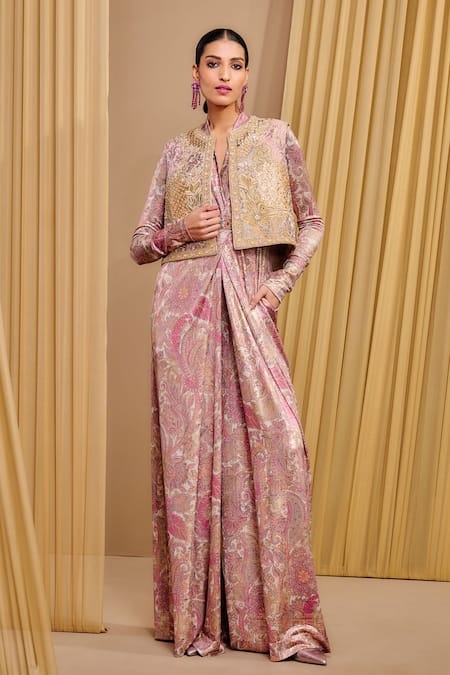 Tarun Tahiliani_Multi Color Brocade Hand Embroidered Gilet Jacket _Online_at_Aza_Fashions