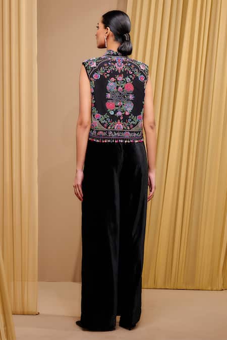Tarun Tahiliani Contrast Floral Hand Embroidered Gilet Jacket 