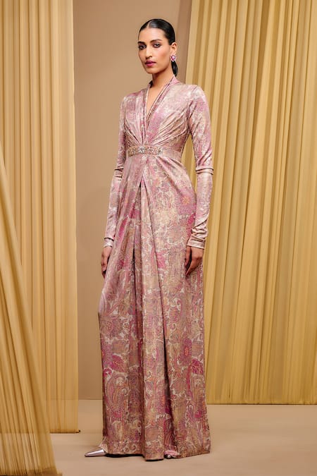 Tarun Tahiliani_Multi Color Foil Jersey Print Floral Mandala V Neck Jumpsuit _Online_at_Aza_Fashions