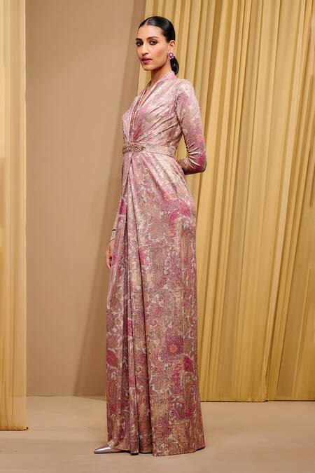 Buy_Tarun Tahiliani_Multi Color Foil Jersey Print Floral Mandala V Neck Jumpsuit _Online_at_Aza_Fashions