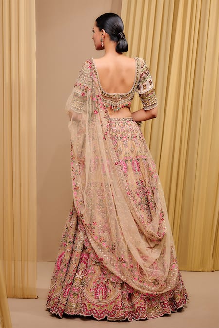 Shop_Tarun Tahiliani_Multi Color Blouse Tulle Embroidery Sequins V Neck Flower Vine Lehenga Set _at_Aza_Fashions