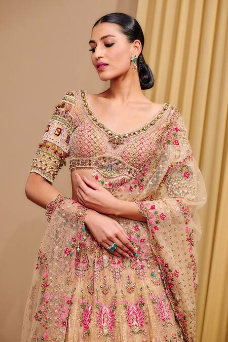 Buy_Tarun Tahiliani_Multi Color Blouse Tulle Embroidery Sequins V Neck Flower Vine Lehenga Set _Online_at_Aza_Fashions
