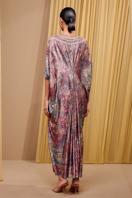 Shop_Tarun Tahiliani_Multi Color Jersey Sequins, Beads Round Neck Signature Print Kaftan _at_Aza_Fashions