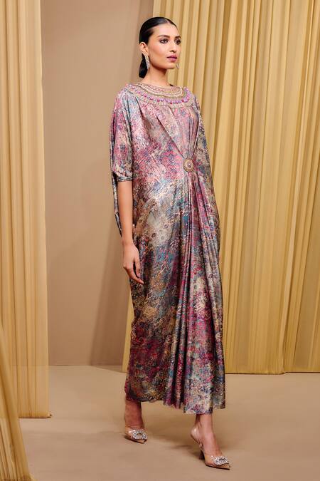 Tarun Tahiliani_Multi Color Jersey Sequins, Beads Round Neck Signature Print Kaftan _Online_at_Aza_Fashions