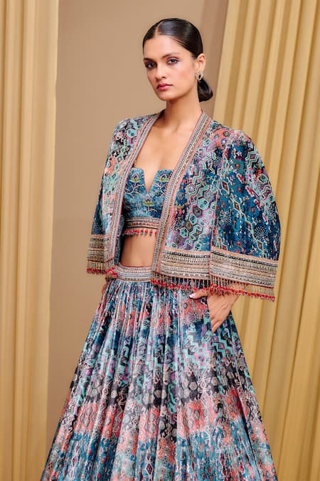 Tarun Tahiliani_Blue Silk, Velvet Beads V-neck Signature Print Lehenga And Cape Set _Online_at_Aza_Fashions