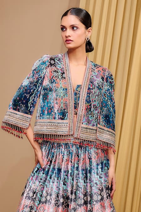 Buy_Tarun Tahiliani_Blue Silk, Velvet Beads V-neck Signature Print Lehenga And Cape Set _Online_at_Aza_Fashions