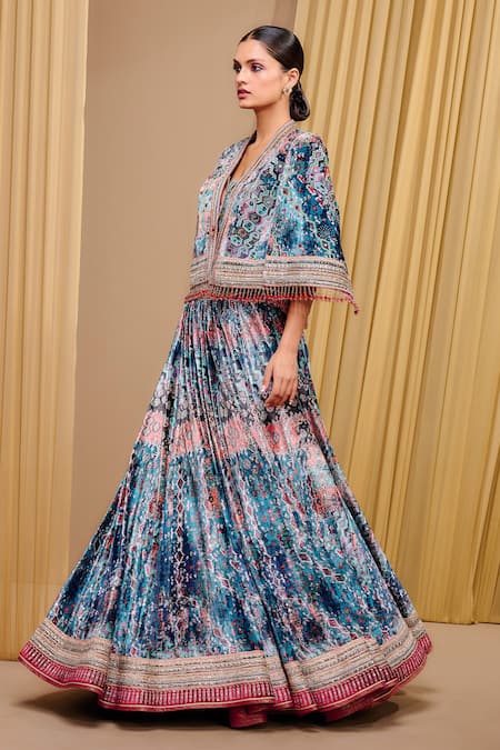 Shop_Tarun Tahiliani_Blue Silk, Velvet Beads V-neck Signature Print Lehenga And Cape Set _Online_at_Aza_Fashions